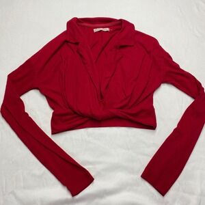 We The Free Free People Red Ribbed Twist Knot Cropped Long Sleeve Top XS